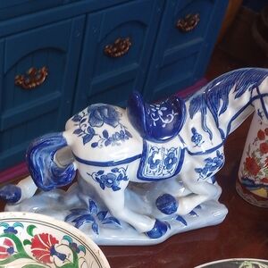 Blue and White Ceramic Horse Figurine